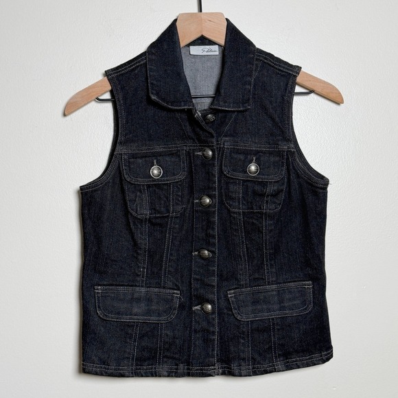 Chico's Jackets & Blazers - Chicos Platinum‎ Black Denim Vest Dark Wash Button Front Collared Size 0 Small